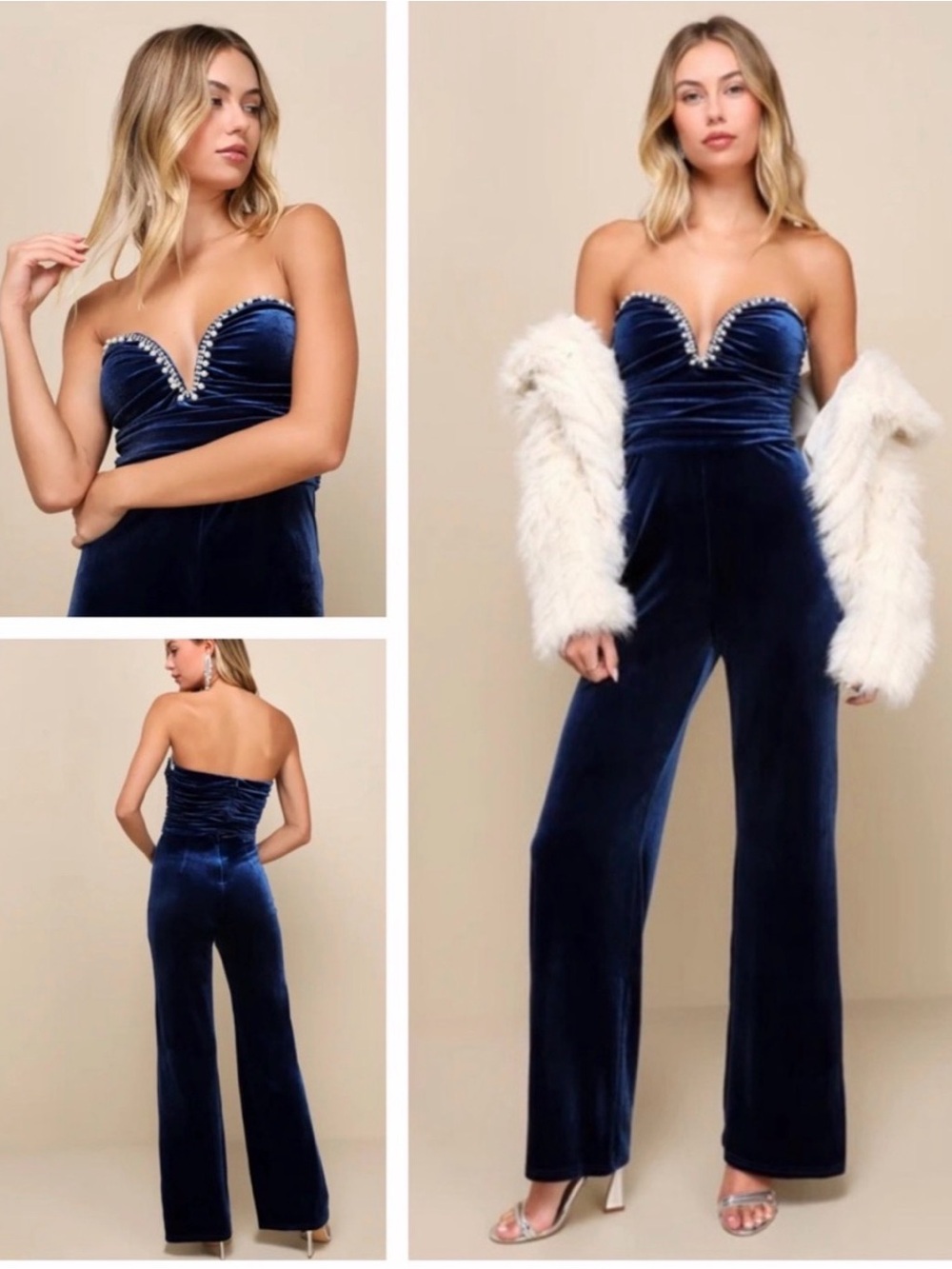 NWT Lulu's Fabulous Instinct Dark Blue Velvet Pearl Strapless Jumpsuit XXL